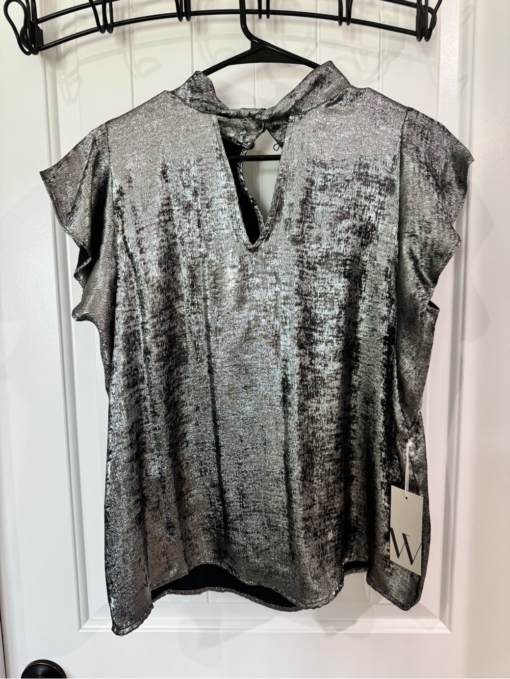 Worthington Silver Metallic Flutter Sleeve V-Neck Top